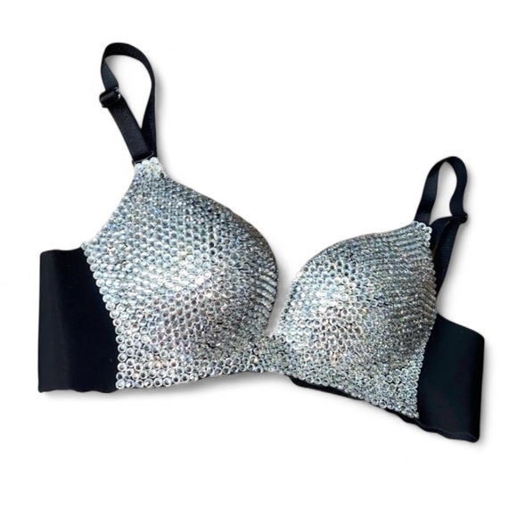 Crystal Diamond Rhinestone Sparkly Classic Glam Bling Wireless Bra Top All Sizes - Picture 3 of 12